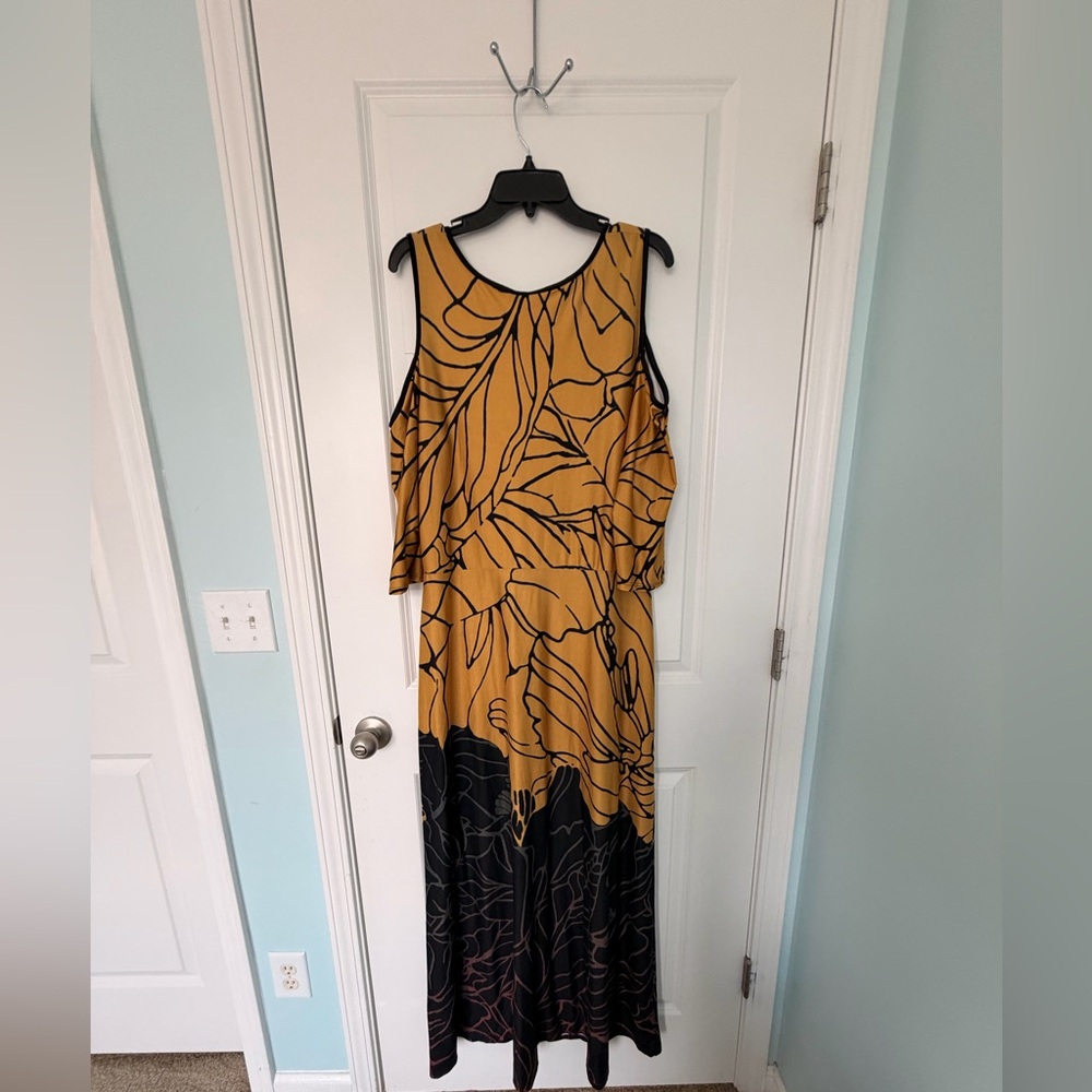 Ashley Stewart Mustard Black Maxi Dress 14/16 Cold Shoulder Boho Plus Size Fall
